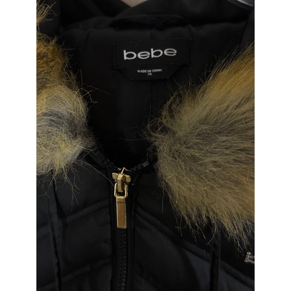 Bebe Women XL Black Puffer Jacket Faux Fur Hood Quilted Rhinestone Y2K Coat - Picture 3 of 10